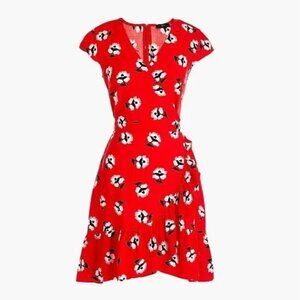 JCrew Red Faux Wrap Dress with Ruffle Hem in Dandelion Floral Pattern